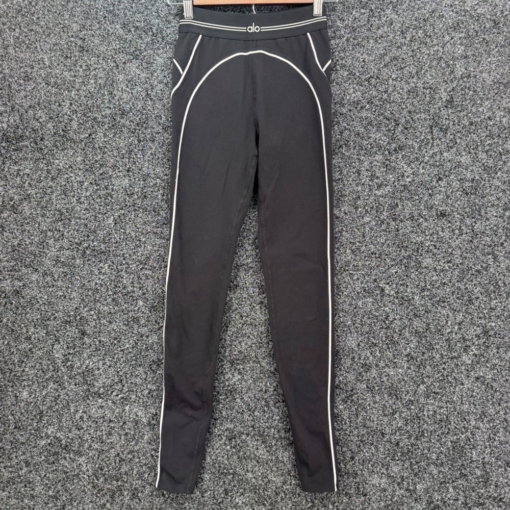 Alo Yoga Black White Contrast Piping Heart Seam High Waist Leggings Womens XS
